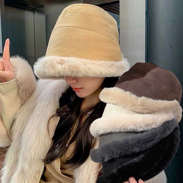 Chapéus de borda mesquinho inverno para mulheres imitação de pele balde chapéu mais veludo cordeiro cabelo bonés ao ar livre quente grosso boina larga à prova de vento 230916