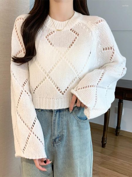 Damenpullover Sexy abgeschnittener Pullover Frauen Mode aushöhlen lose gestrickte Tops Koreanische beiläufige lange Hülsen-schicke weibliche süße weiße Pullover