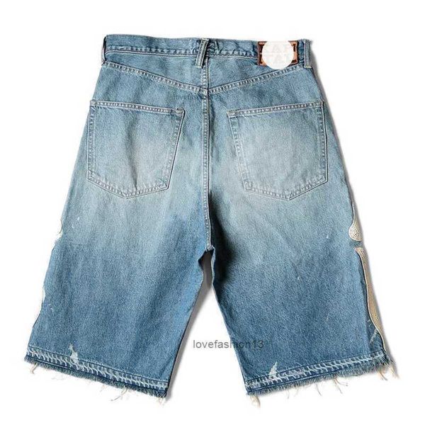 Pantaloncini da uomo Jeans da uomo Kapital Hirata Hohiro Pantaloni larghi e rilassati Pantaloncini di denim grezzo usati con lavaggio osseo ricamato per uomo e donna