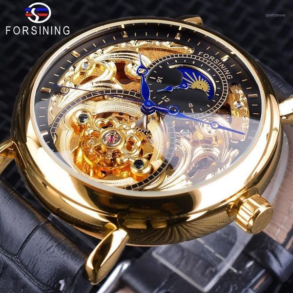 Forsining Relógio Esqueleto Dourado Masculino Fase da Lua Moda Azul Mãos À Prova D 'Água Relógios Automáticos Masculinos Top13408