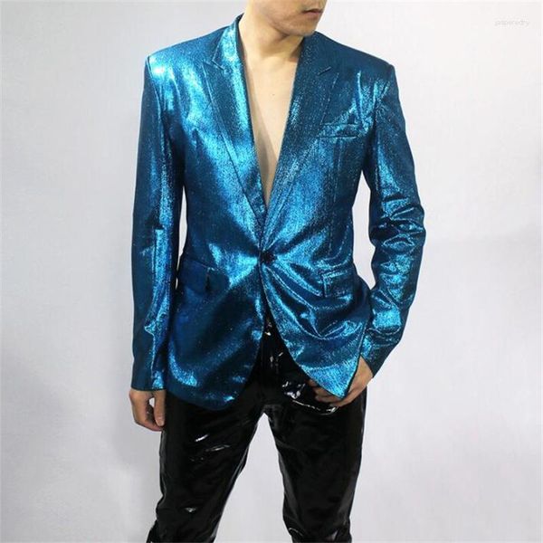 Abiti da uomo Blazer primaverili Giacche Abiti estivi sottili lucidi Discoteca Blingbling Costumi di scena Vestito Matrimonio Uomo Blu