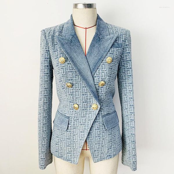 Ternos femininos de alta qualidade est moda 2023 designer jaqueta feminina magro encaixe duplo breasted leão botões geométrico denim blazer