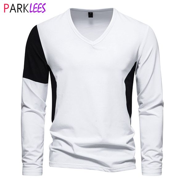 Herren T-Shirts Schwarz Weiß Patchwork T-Shirt für Männer Slim Fit V-Ausschnitt Herrenhemden Lässige Kontrastfarbe Baumwolle T-Shirt Homme Camiseta 2XL 230923