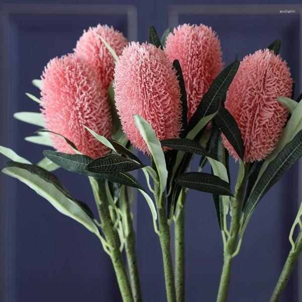 Dekoratif Çiçekler Lüks Büyük Pincushion Çiçek Şube Yeşil Yapraklar ile Plastik Düğün Ev Dekorasyon Fleurs Arfialle