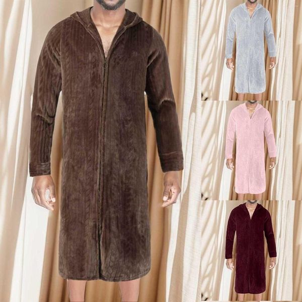 Herren Nachtwäsche Slipper Männlicher Winter Korallen Samt Bademantel Blinddecke Pyjamas Flauschiger Ultra bequemer Reißverschluss Kapuze mit Kapuze mit Kapuze gelänger