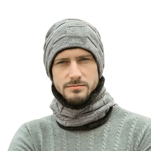 Sciarpe invernali da uomo Keep Warm Beanie Sciarpa Set Fodera in pile maschile Cappello in filato di lana Ghetta per collo in maglia Tinta unita Design scozzese all'ingrosso 230923