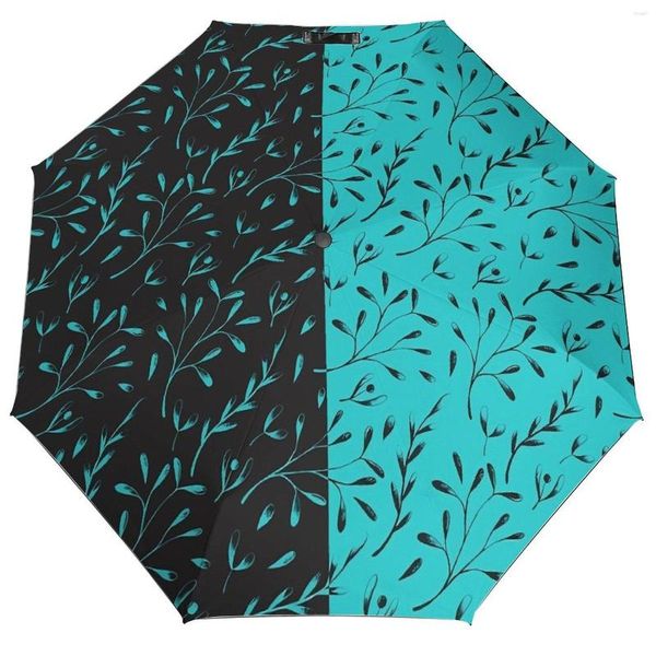 Regenschirme, zweifarbig, 3-fach faltbar, automatischer Regenschirm, Blätterranke, Blumenmuster, Karbonfaserrahmen, windbeständig, leicht, für Männer und Frauen