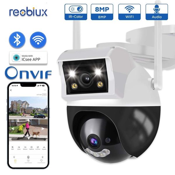 IP-камеры Reobiux Wi-Fi PTZ-камера 8MP двойной экран 3,6 мм + 6 мм камера наружного наблюдения объектив H.265 защита безопасности 230922