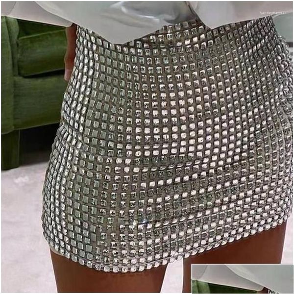 Etekler Rhinestone Mini Kadınlar Giysileri Seksi Split Bollow Out Parlak Kristal Pırlanta Katı Damla Teslimat Giyim Kadınları DHFDC