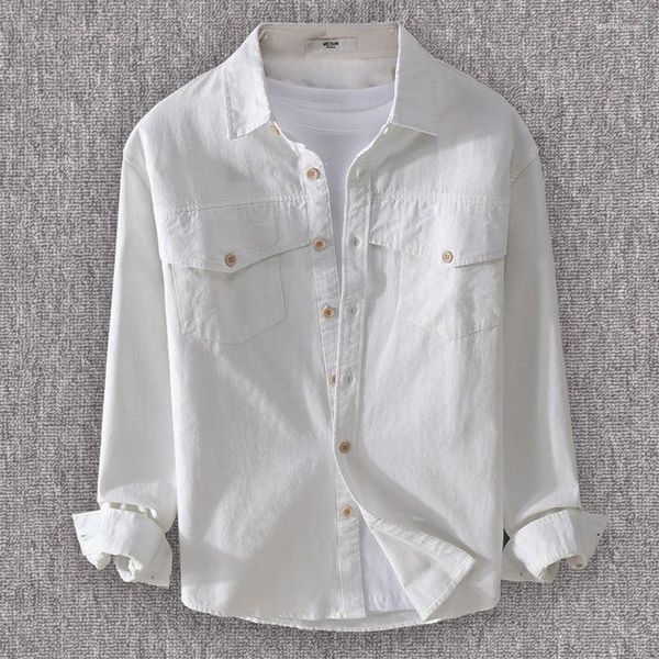 Camisas casuais masculinas outono puro algodão de manga comprida para bonito carga branca solta ajuste botão para baixo camisa de trabalho