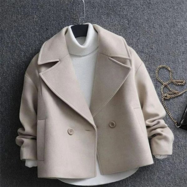 Misturas de lã feminina outono inverno casaco de lã feminino curto fino moda duplo breasted terno colarinho cardigan jaqueta de lã feminino outerwear 230922