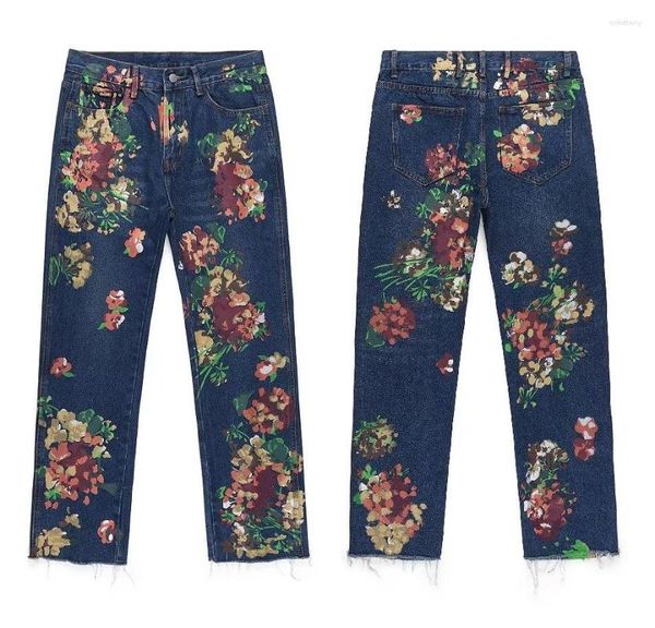 Herren Jeans High Street Hand bemalt floralen Herren gerade übergroß