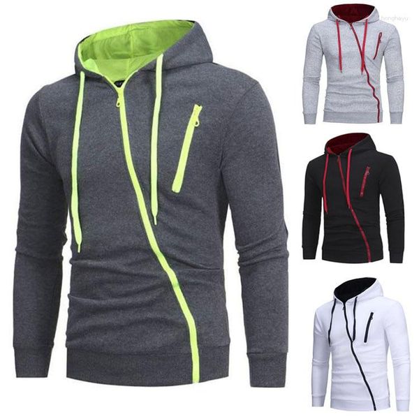 Hoodies masculinos com zíper moletom casual com capuz contraste cor cardigan manga comprida com capuz masculino jaqueta diagonal