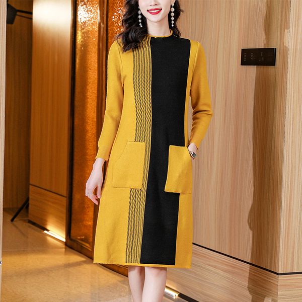 2023 Designer Maglioni di colore a contrasto Abito Autunno Inverno Donna Manica lunga Elegante e vacanza giovanile Maglione lavorato a maglia Abiti Office Lady Slim Moda Midi Frocks