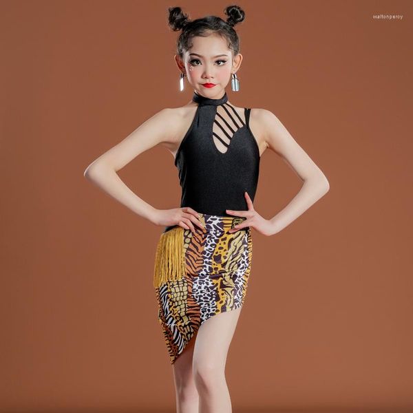 Bühnenkleidung Mädchen Latin Dance Kostüm Schwarz Ärmel Tops Leopard Rock ChaCha Samba Salsa Leistung Wettbewerb Kleider DL10896