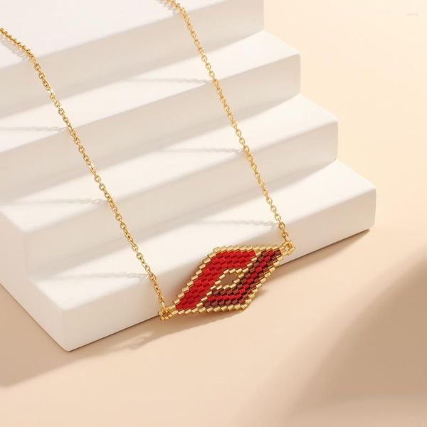 Anhänger Halsketten Reis Perlen Halskette Hand Stricken Rhomboid Aushöhlen Mode Böhmen Geometrie Einfache Einstellbare Perlen