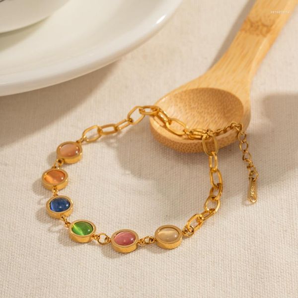 Strand ALLME Bracciale con perline in pietra naturale opale colorato alla moda per donna Braccialetti in acciaio inossidabile placcato oro 18 carati Gioielli