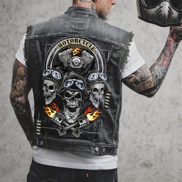 Coletes masculinos motocicleta motociclista colete óculos de sol crânio impressão angustiado buraco punk sem mangas denim jaqueta preto streetwear 230923