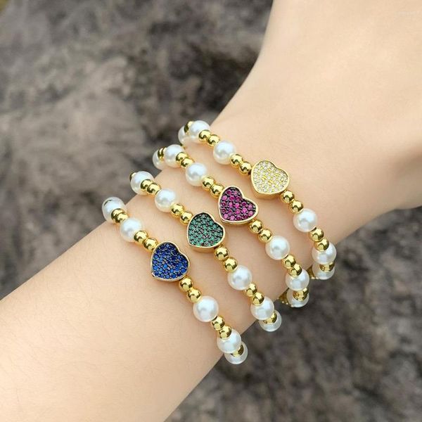 Strand vlen zircônia coração pulseira para mulheres moda jóias pérola banhado a ouro contas pulseiras estiramento pulseras amante presente