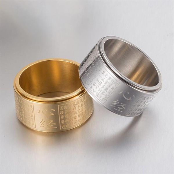 Küme halkaları erkek spinner yüzüğü 12mm vintage Çin kalp sutra kazınmış Budist altın gümüş renk titanyum çelik parmak jewe2921