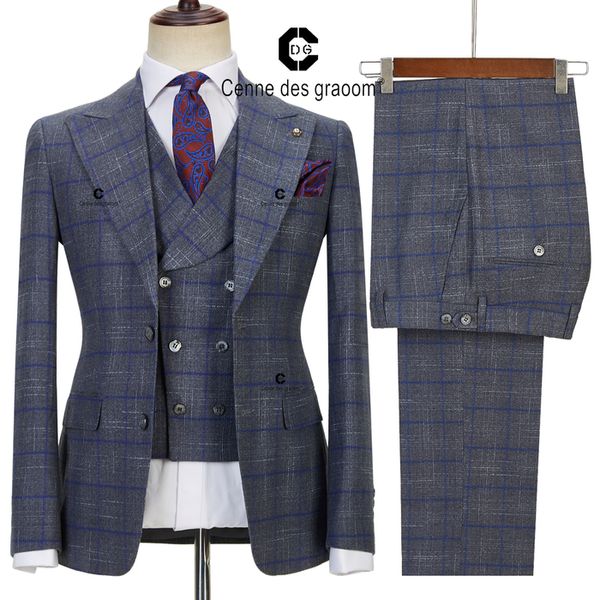 Abiti da uomo Blazer Cenne Des Graoom Uomo Smart Grigio Set 3 pezzi Slim Fit a quadri monopetto per feste riunioni formali banchetti 230923