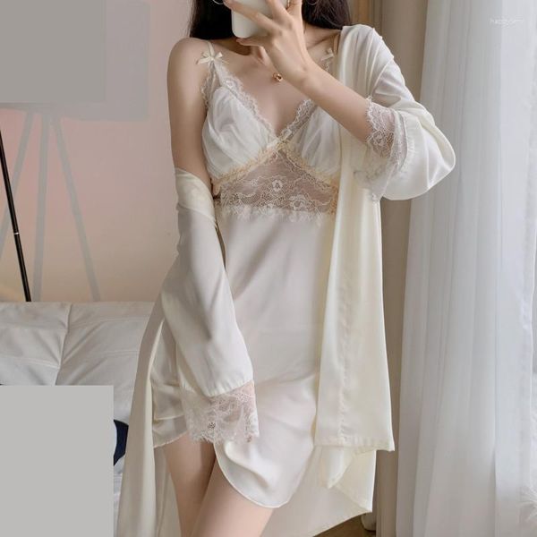 Mulheres Sleepwear Sexy Lace Twinset Bathrobe Set Verão Mulheres Kimono Robe Vestido Terno Nightdress Casual Cetim Home Wear Outfits