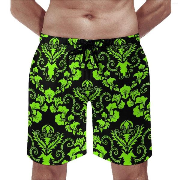 Pantaloncini da uomo Verde Nero Damascato Palestra Estate Retro Stampa Casual Spiaggia Uomo Sport Fitness Pantaloncini stampati ad asciugatura rapida