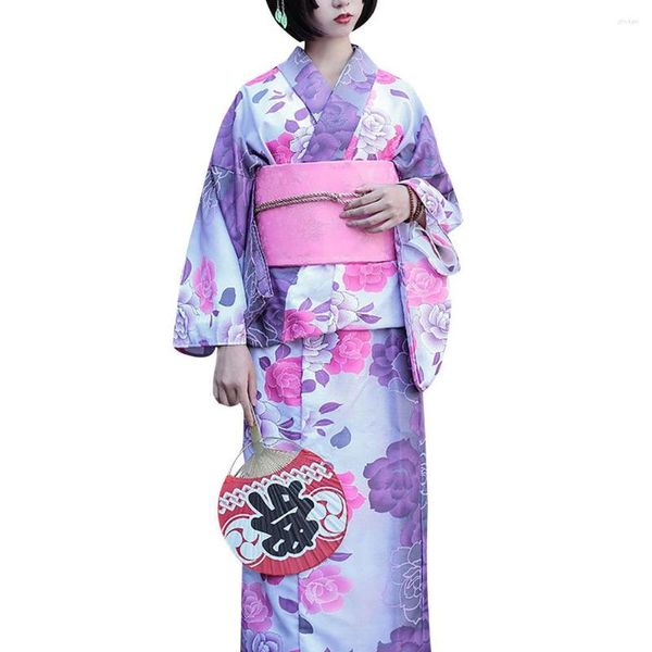 Abbigliamento etnico Kimono giapponese tradizionale da donna Viola sfumato Rosa Stampa floreale Yukata lungo con cintura Obi Festival estivo Halloween