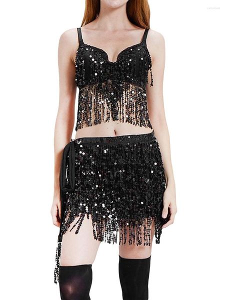 Abiti da lavoro Abiti da danza del ventre da donna Paillettes scintillanti Reggiseno con nappe Top Sciarpa all'anca Gonna avvolgente Set di vestiti per feste Discoteche Costume rave