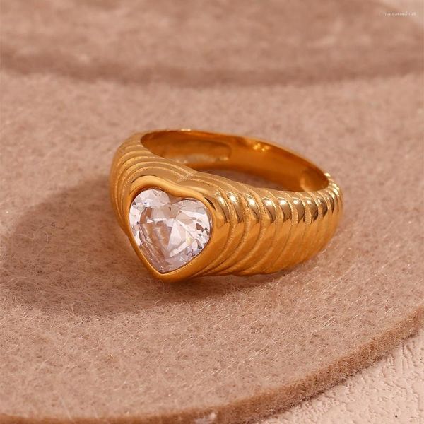 Eheringe Herz Licht Welle Zirkon Ring Wasserdicht Glänzend Weiß 316L Edelstahl Schmuck Mode 18 Karat Vergoldet Damen