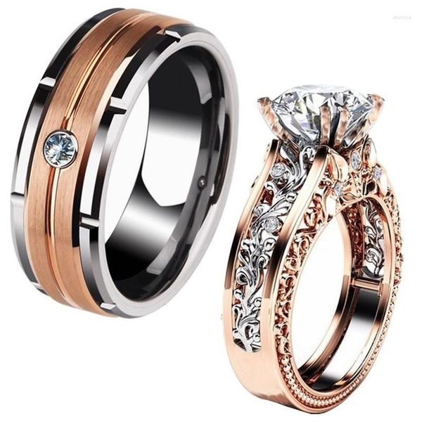 Eheringe 1 stücke Luxus Frauen Ring Metall Hohl Schnitzmuster Rose Gold Farbe Zirkon Steine Paar Braut Engagement Schmuck