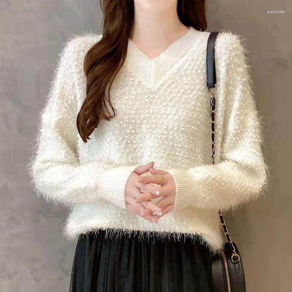 Maglioni da donna Bianco Primavera Principessa Pelliccia Furry Peluche Pullover Colletto a V Maglione caldo Donna Ragazza Tirare Slim Top Cappotto esterno in tessuto