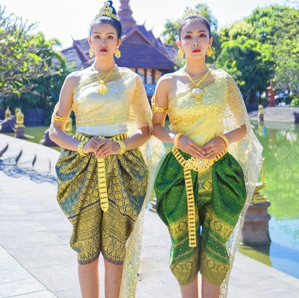 Этническая одежда, азиатская принцесса Дай, таиландский стиль, ткани, праздничный наряд с брызгами воды, женская куртка из позолоченной пряжи, брюки, шали