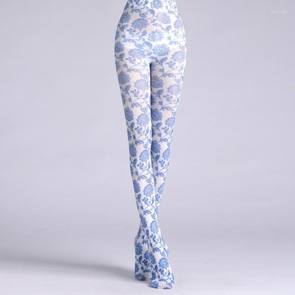 Meias femininas meia-calça estilo chinês porcelana azul e branca