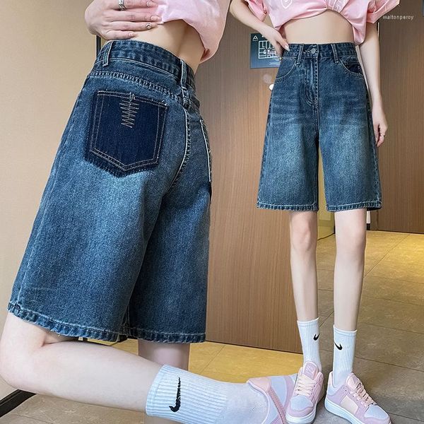 Jeans femininos 5/4 calças coxa grossa crianças verão fino contraste perna larga cintura alta solta capa carne shorts retos