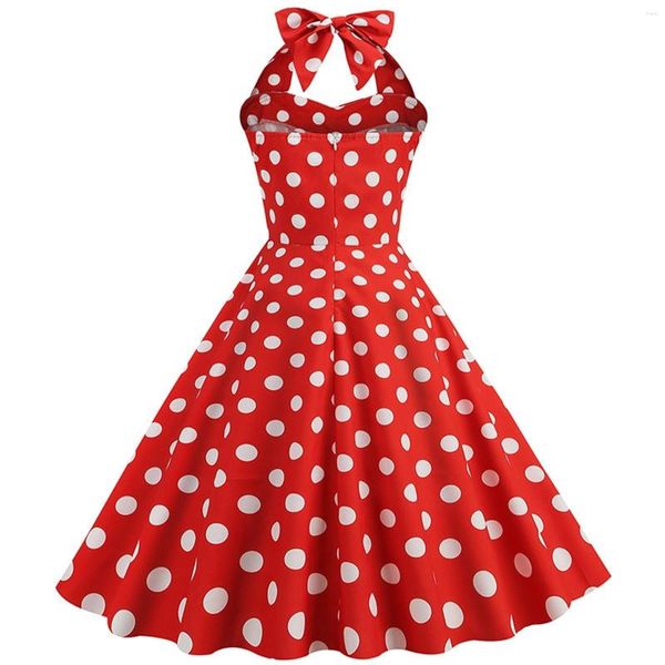 Sıradan Elbiseler Kadın Kırmızı Polka Dot Yular Elbise Vintage 50s Rockabilly Hepburn Zarif Swing Retro Kısa Midi Tunik Pinup Partisi