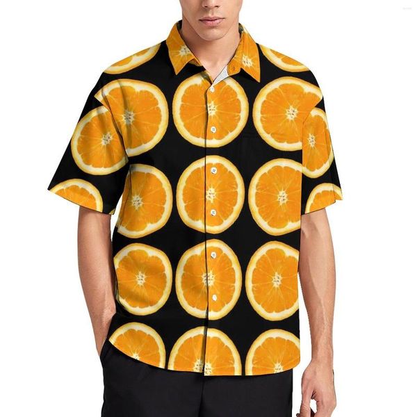 Camisas Casuais Masculinas Laranjas Fatias Camisa de Férias Frutas Imprimir Verão Homens Moda Blusas Manga Curta Design Top Tamanho Grande 3XL 4XL