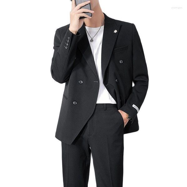 Ternos masculinos blazers 2023 (jaqueta calça) preto estilo coreano fino-ajuste duplo breasted casual terno solto cor sólida