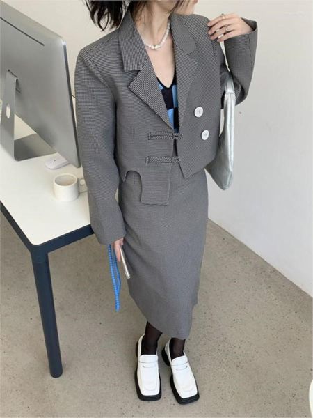 Vestidos de trabalho duas peças conjunto colheita superior saia ternos feminino roupas coreanas botão blazer midi saias houndstooth ol xadrez outfit outono cortado