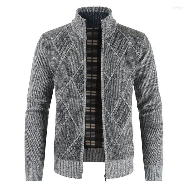 Maglioni da uomo con colletto alla coreana, cardigan caldo con motivo geometrico ispessito lavorato a maglia jacquard