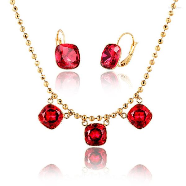 Collana e orecchini in ottone color oro con tre cristalli austriaci a taglio quadrato, ciondolo con ciondoli, gioielli a cerchio, perline, catena per feste da donna
