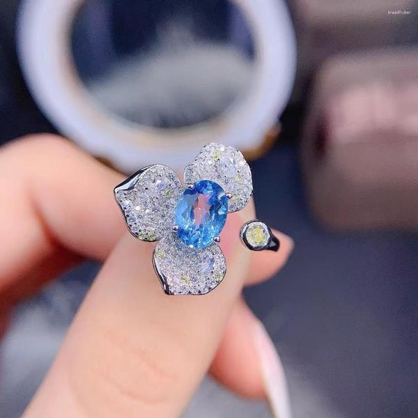 Кольца кластера MeiBaPJ, кольцо с натуральным небесно-голубым топазом и цветком для женщин, настоящее серебро 925 пробы, изысканные свадебные украшения