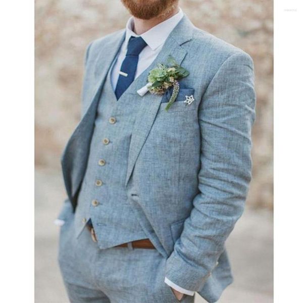 Ternos masculinos mais recentes casaco calça projetos luz azul linho casamento para homens fino ajuste noivo blazer estilo personalizado jaqueta 3 peça smoking ternos