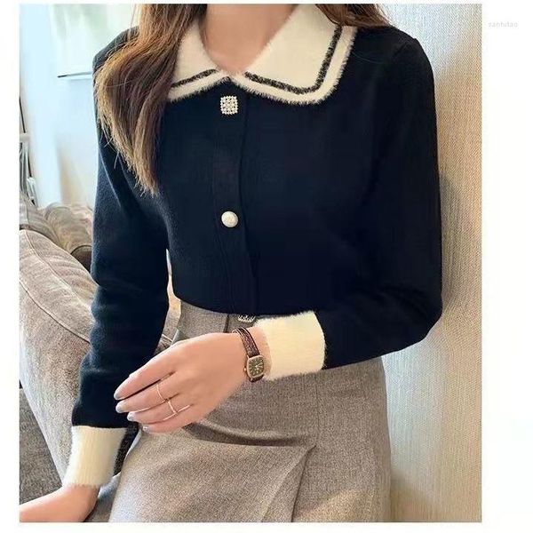 Kadın Sweaters Siyah Kürk Boyun Kore Bahar Külot Örgü Sweater Gevşek Ceket Günlük Kumaş Kız T-Shirt Kıyafetler Kadınlar İçin Lady