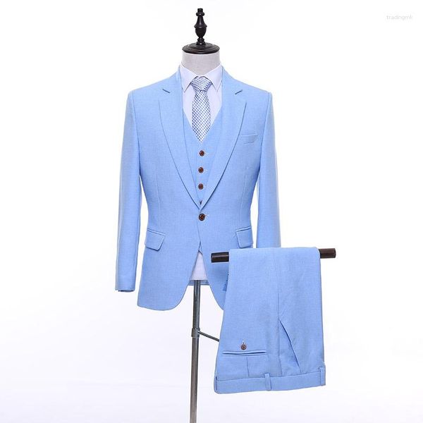 Abiti da uomo 2023 Azzurro 3 pezzi Giacca sportiva Pantaloni Colletto dentellato Uomo Slim Fit Costume da sposa Sposo Smoking Prom Cappotto Pantalone Gilet