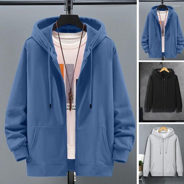 Hoodies masculinos casaco de outono com capuz manga longa grosso quente zíper cardigan bolsos com cordão elástico manguito casual jaqueta solta