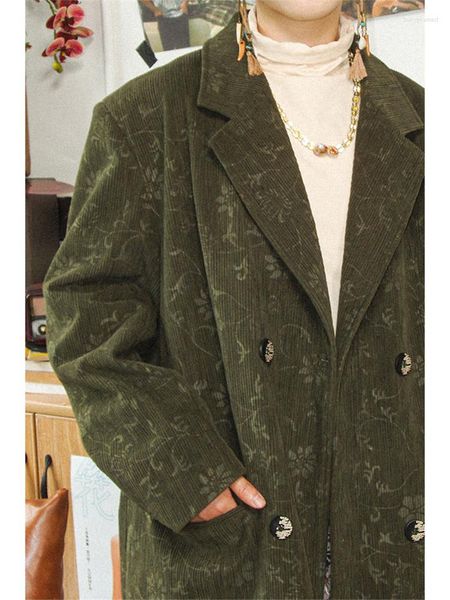 Женские костюмы Армейский зеленый винтажный вельветовый пиджак для женской одежды Весенний и осенний дизайн Свободное пальто Повседневная верхняя одежда Куртки с принтом XL