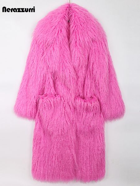 Pele feminina pele sintética nerazzurri inverno longo brilhante rosa oversized desgrenhado peludo macio fofo grosso quente casaco de pele falsa feminino lapela pista linda moda 230923