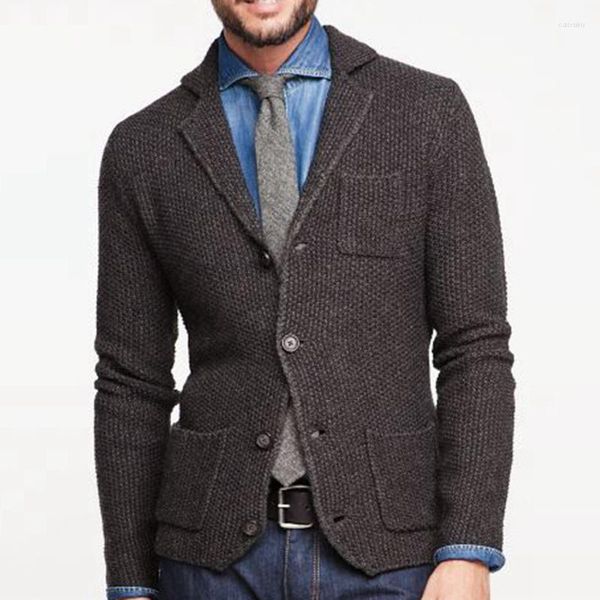 Suéter masculino masculino gola de malha casaco de manga comprida suéter cardigan jaqueta cor sólida grosso quente casual marrom suéter