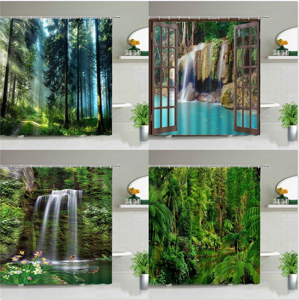 Tende da doccia Foresta Paesaggio Tende da doccia Albero Cascata Monte Fuji Scenario Tenda da bagno impermeabile Set Decorazione vasca da bagno con gancio 230923